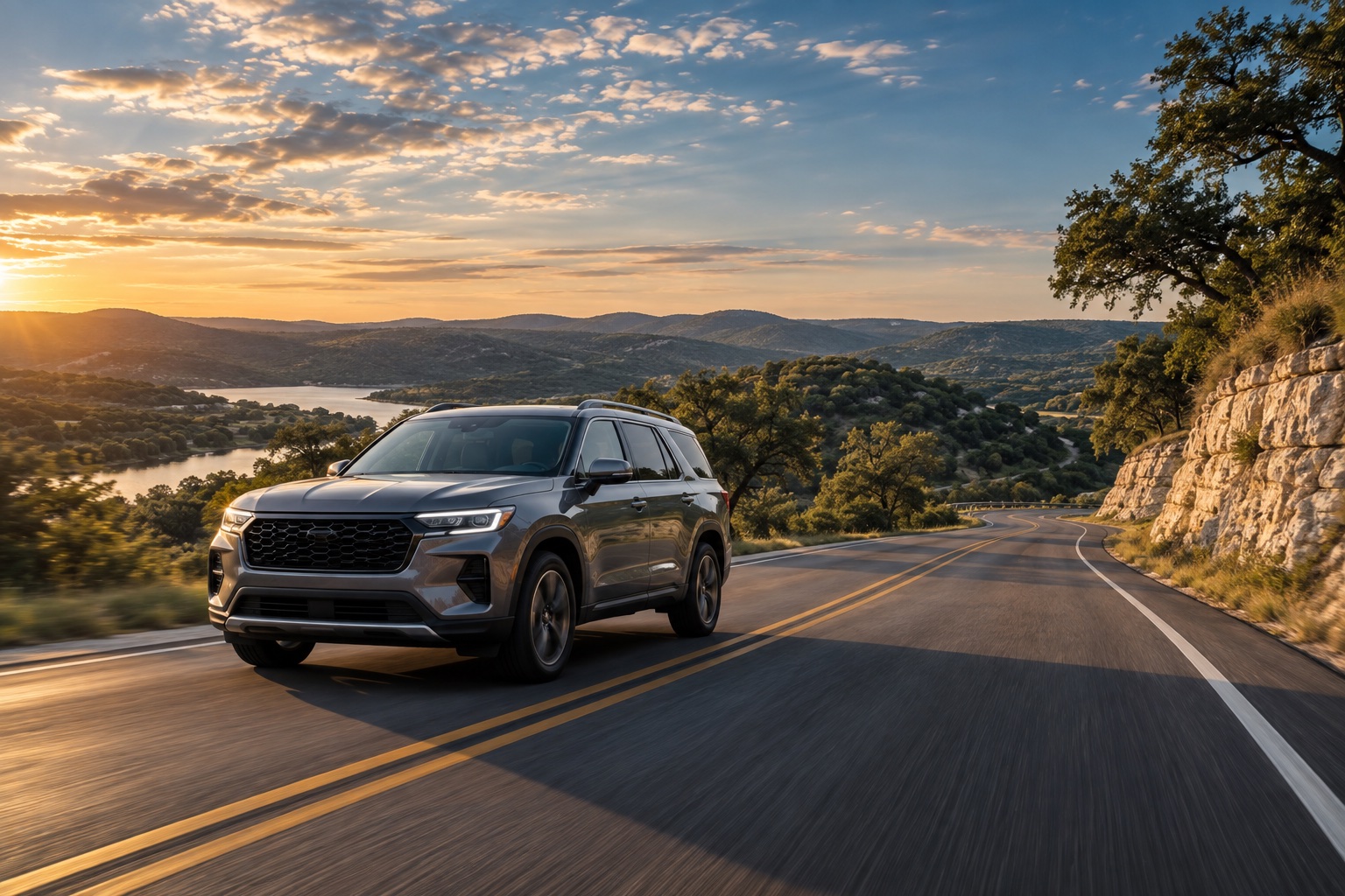 SUV driving through the Texas Hill Country at sunset