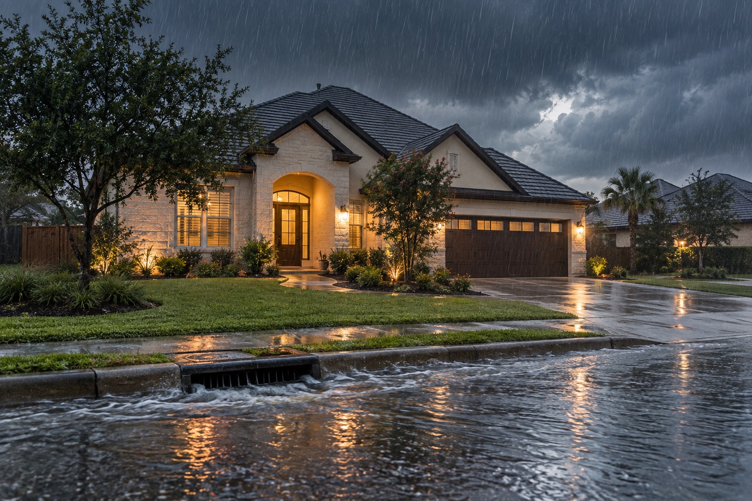 Texas home during heavy rain with water flowing toward street drainage