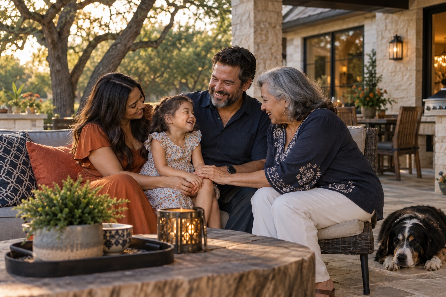 Multigenerational family spending time together on a Texas patio